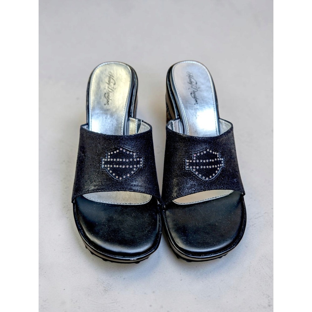 Harley Davidson Jewel Wedge Slide Sandals Womens 10M Black Rhinestone Y2K D82292